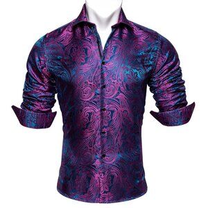 NWT Barry.Wang Silk Blend Blue Pink Paisley Long Sleeve‎ Button Down Size M